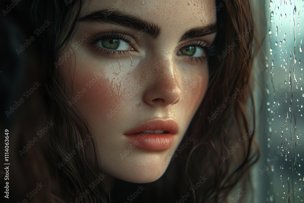 The image features a close-up portrait of a woman with wet hair and striking green eyes, gazing pensively through a rain-covered window. The image features a close-up portrait of a woman with wet hair and striking green eyes, gazing pensively through a rain-covered window.