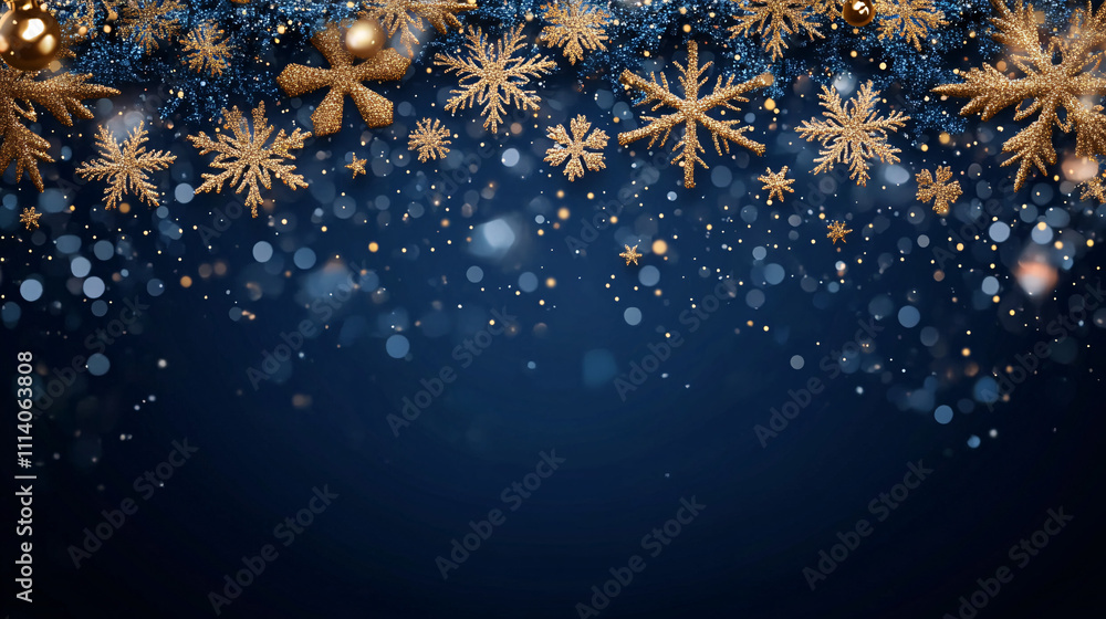 A stunning blue and gold Christmas background featuring cascading snowflakes and shimmering bokeh. Ideal for holiday cards, invitations, and winter celebrations. A stunning blue and gold Christmas background featuring cascading snowflakes and shimmering bokeh. Ideal for holiday cards, invitations, and winter celebrations.