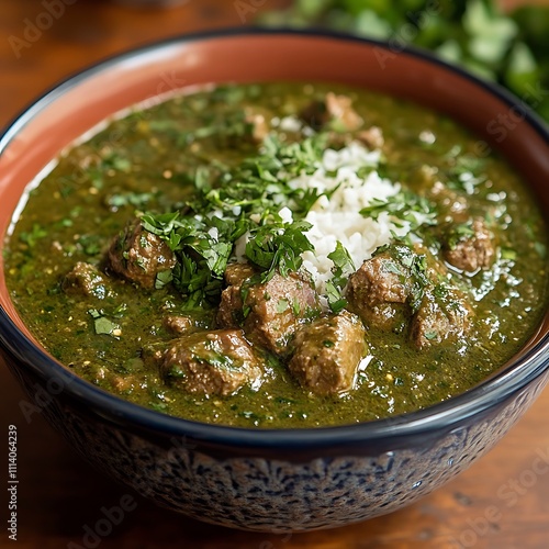 Close-up of a bowl of flavorful green chili stew with tender meat chunks and fluffy white rice, garnished with fresh cilantro.