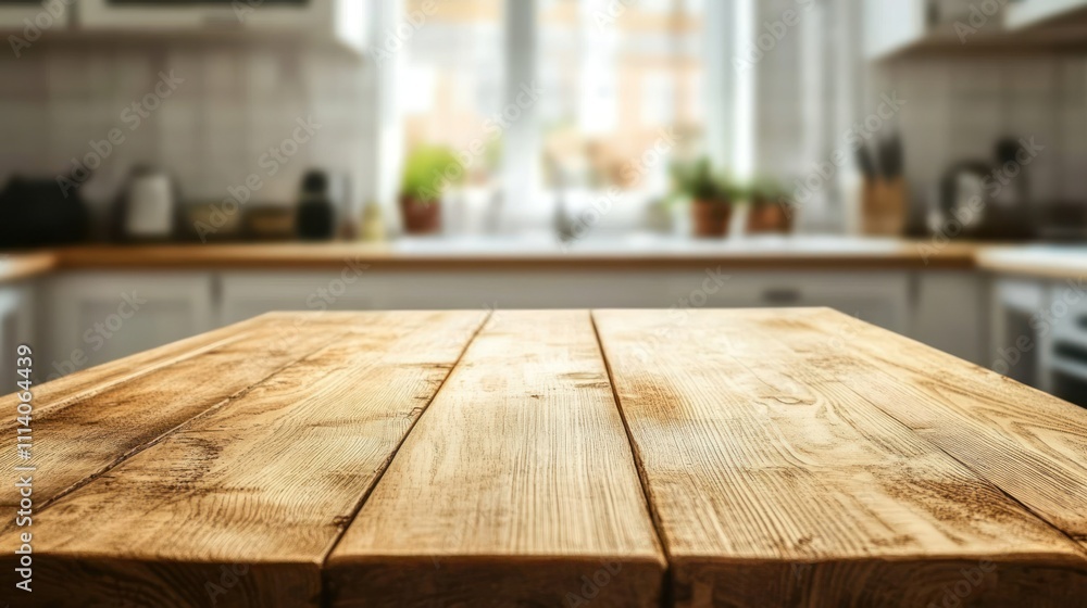 Rustic wooden table in a bright kitchen setting Rustic wooden table in a bright kitchen setting