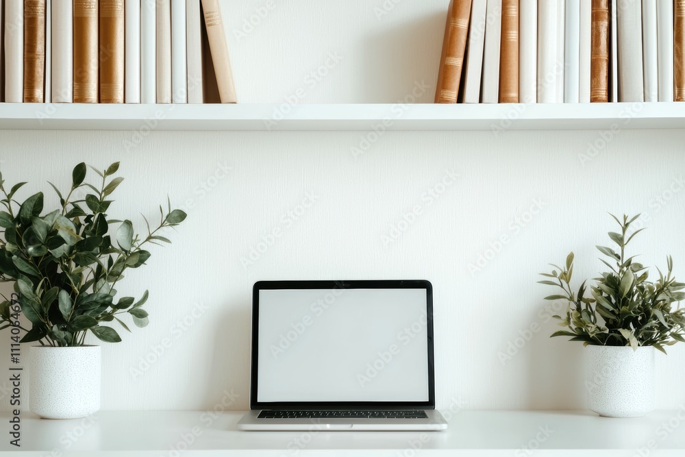 Modern minimalist home office setup with laptop and plants Modern minimalist home office setup with laptop and plants