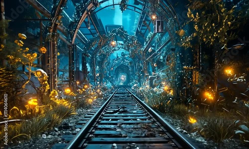An abandoned railway overgrown with plants and illuminated by glowing lights.
