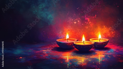 Happy Diwali Celebration Post with Illuminated Colorful Oil Lamps (Diya) in Dark Background. photo