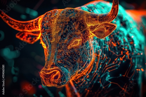 digital bull representing bullish stock market trends. glowing geometric design symbolizes growth and investment potential in finance. futuristic economic illustration. photo