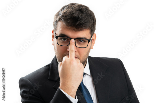 Close-up of corporate businessman making middle finger gesture