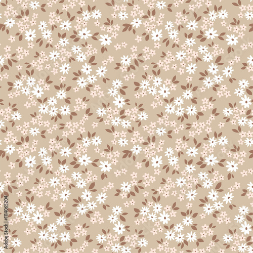 Cute floral pattern. Pretty flowers on gray beige background. Printing with small white flowers. Ditsy print. Seamless vector texture. Spring bouquet. Vintage template for fashion prints. Stock