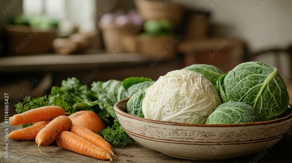 Fototapeta premium Fresh savoy cabbage, carrots, and herbs preparing a cozy winter dish