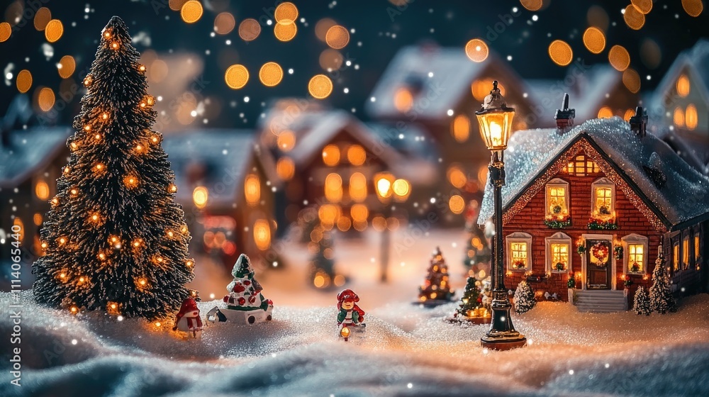 Snowy Christmas village background, charming village scene, decorated houses, glowing street lamps Snowy Christmas village background, charming village scene, decorated houses, glowing street lamps