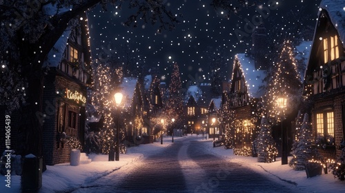 Snowy Christmas village background, charming village scene, decorated houses, glowing street lamps