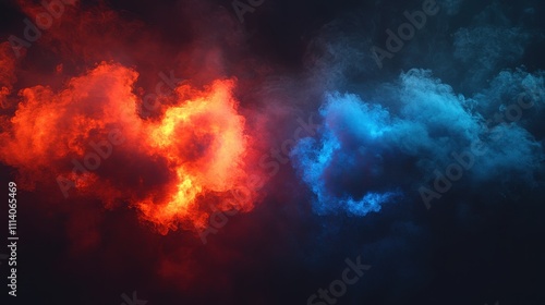 An abstract neon flame cloud with dust cold versus hot concept. A sports boxing battle competition fog transparent wallpaper design. A police digital banner with blue vs red smoke effect.