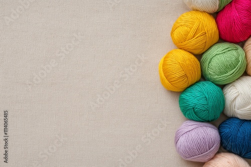 Colorful Yarn Balls on Beige Fabric Background for Knitting and Craft Projects