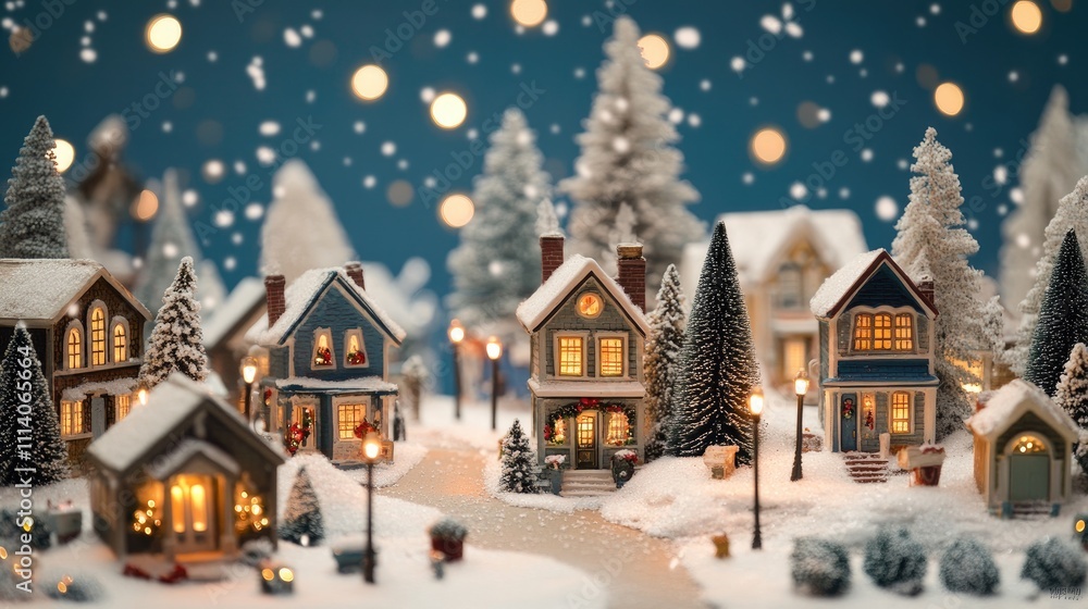Snowy Christmas village background, charming village scene, decorated houses, glowing street lamps Snowy Christmas village background, charming village scene, decorated houses, glowing street lamps