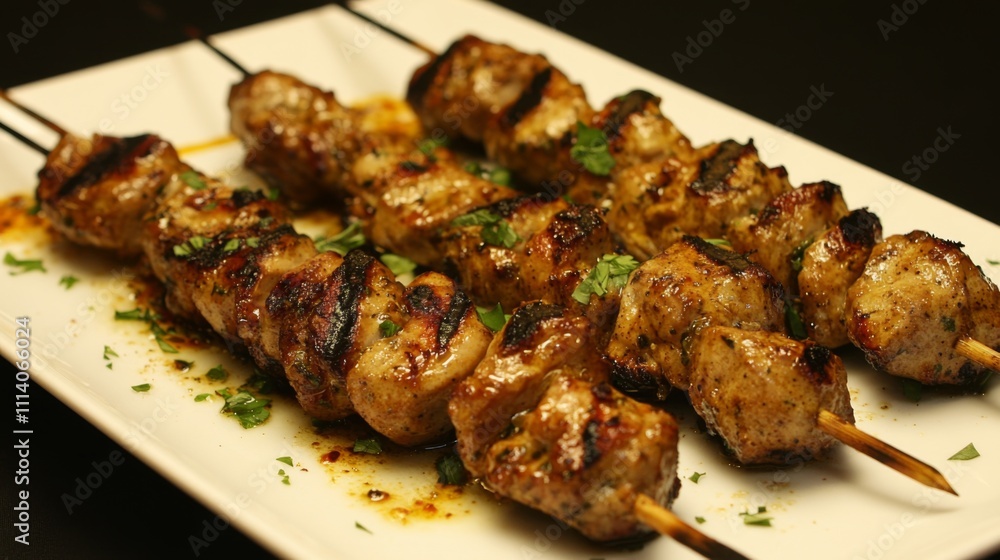 Grilled Chicken Skewers with Fresh Herbs on a White Plate Grilled Chicken Skewers with Fresh Herbs on a White Plate