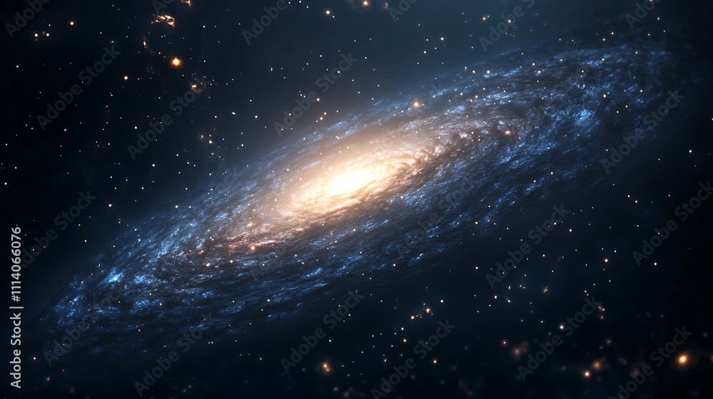 Fototapeta premium A glowing lenticular galaxy with a smooth bright disk of light surrounded by stars