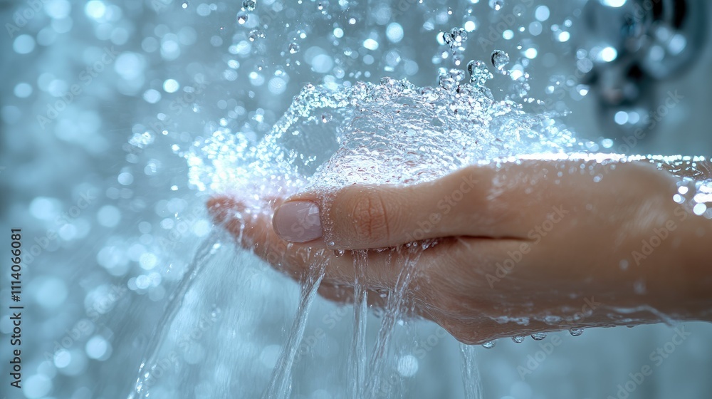 Fototapeta premium A hand cupping water, showcasing droplets and a blurred background for a refreshing effect.