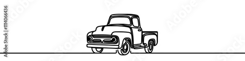 One continuous line illustration of a retro pickup truck, isolated on white background. Line art of retro pickup truck.