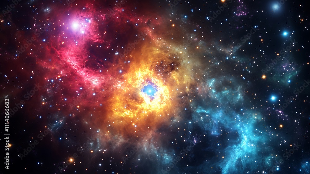 Fototapeta premium A galaxy cluster with luminous cores surrounded by diffuse glowing halos