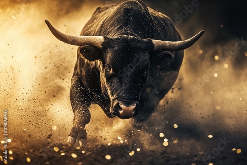 Dynamic bull charging through a dust storm, representing a strong market surge. Symbolizes bullish trends and rising stock market momentum. Ideal for finance themes. photo