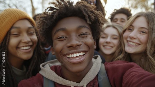 A cheerful group of young, multicultural students taking a picture together. A close-up of a contented African American teen having fun while laughing with his upbeat pals. 