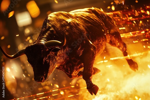 Dynamic bull charging through flames, symbolizing a bullish market surge in the stock exchange. Represents optimism, investment growth, and economic prosperity. photo