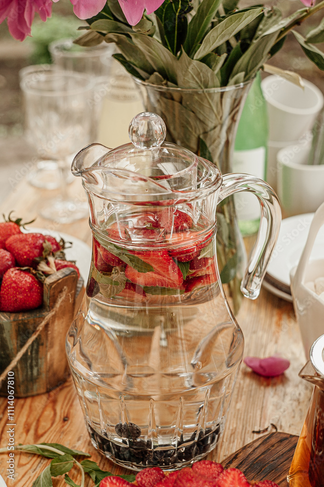 Summer cold drink with strawberry on a wooden table Summer cold drink with strawberry on a wooden table