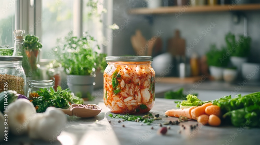 Fresh Homemade Kimchi in a Jar Surrounded by Vibrant Vegetables Fresh Homemade Kimchi in a Jar Surrounded by Vibrant Vegetables