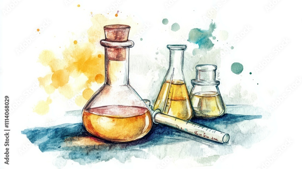 Obraz premium Chemistry tubes, methyl Sulfonyl Methane powder, watercolor illustration