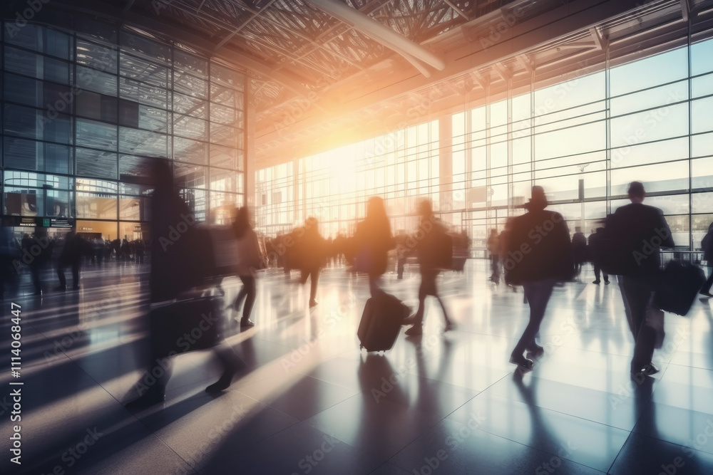 Airport with blurred many travelers Airport with blurred many travelers