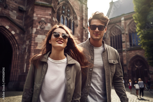 Couple in sunglasses are holding hands as they are walking in old town photo