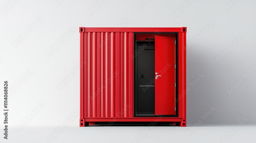 Obraz premium Red shipping container standing upright with slightly opened door, isolated on white background