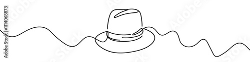 Minimalist single line sketch of elegant fedora hat, representing fashion, style, and vintage accessories