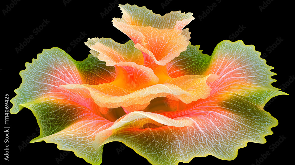 Vibrant close-up of a translucent flower, showcasing intricate vein patterns and a captivating color gradient of orange, pink, and green against a black background. Vibrant close-up of a translucent flower, showcasing intricate vein patterns and a captivating color gradient of orange, pink, and green against a black background.