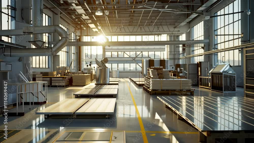 Solar Panel Factory: Sunrise in a Modern Manufacturing Plant Solar Panel Factory: Sunrise in a Modern Manufacturing Plant