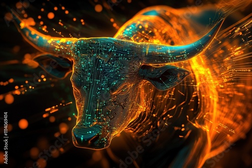 Dynamic digital bull symbolizing bullish market trends, with vibrant sparks representing stock market growth, investment opportunities, and rising cryptocurrency values. photo