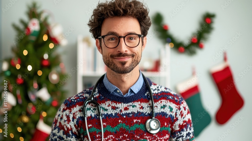 Festive medical professional celebrating christmas at home cheerful atmosphere portrait style Festive medical professional celebrating christmas at home cheerful atmosphere portrait style