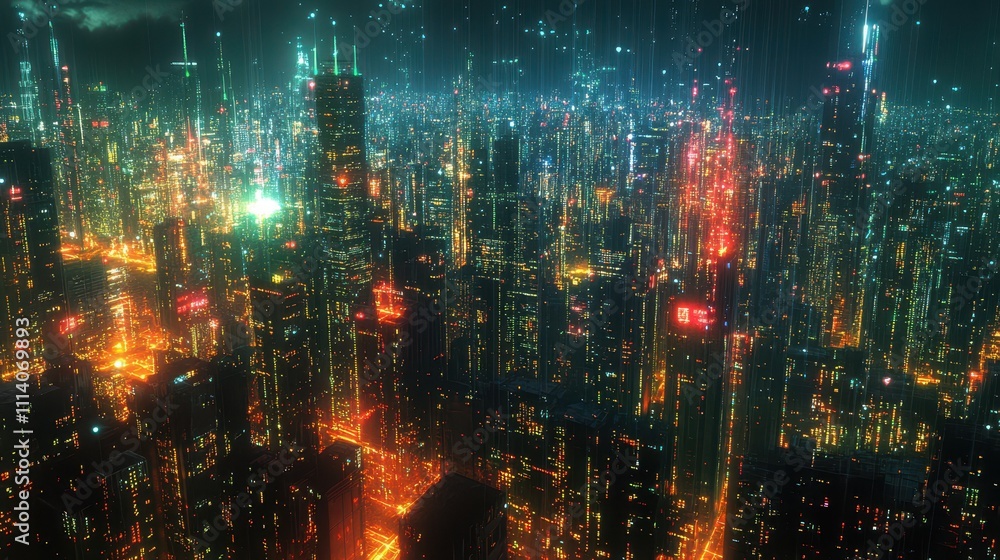 An urban night view highlights a digital network concept, illustrating connections across a vibrant cityscape filled with lights An urban night view highlights a digital network concept, illustrating connections across a vibrant cityscape filled with lights