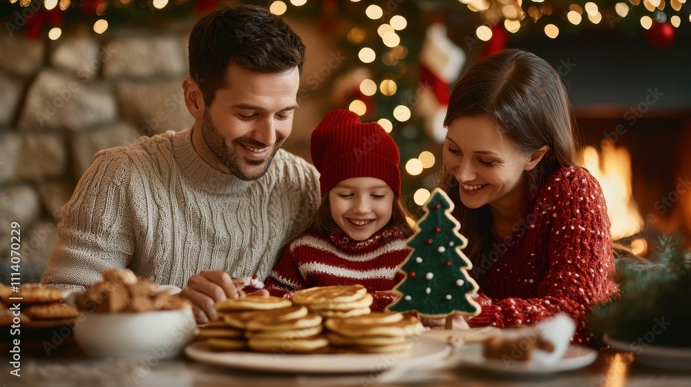Family celebrates christmas with cookies and pancakes in cozy living room setting