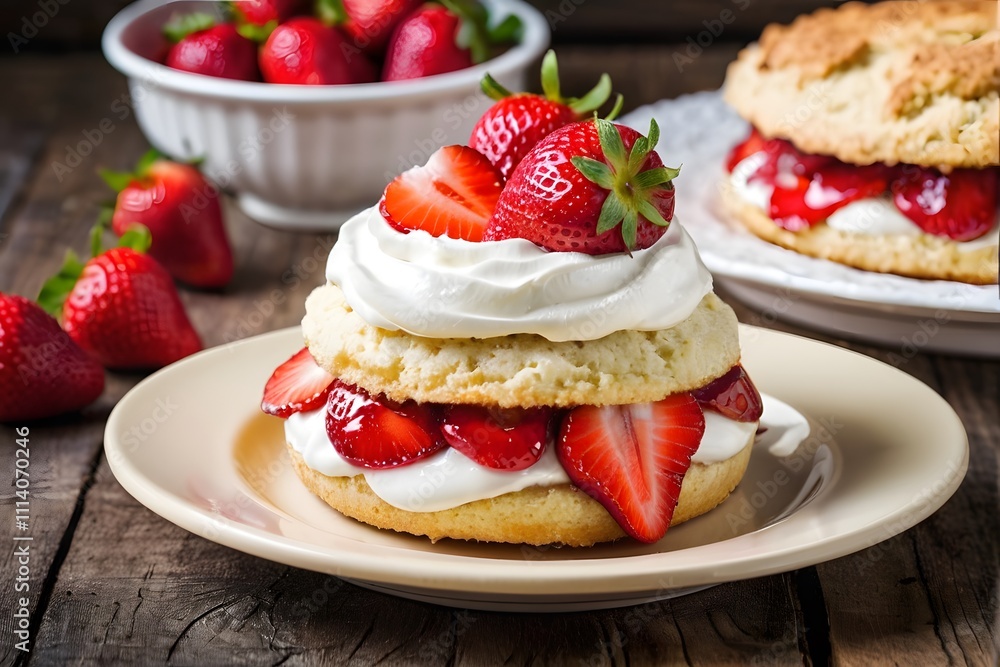Close-up of strawberry shortcake on a wooden table with copy space. Close-up of strawberry shortcake on a wooden table with copy space.