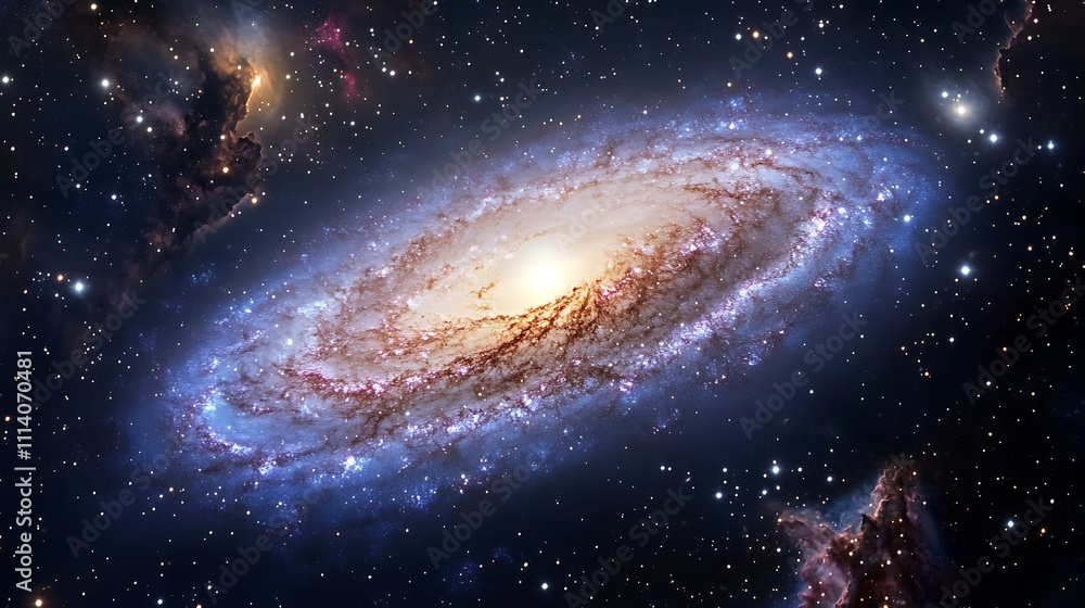 Fototapeta premium A galaxy viewed through colorful interstellar clouds in a star-filled sky