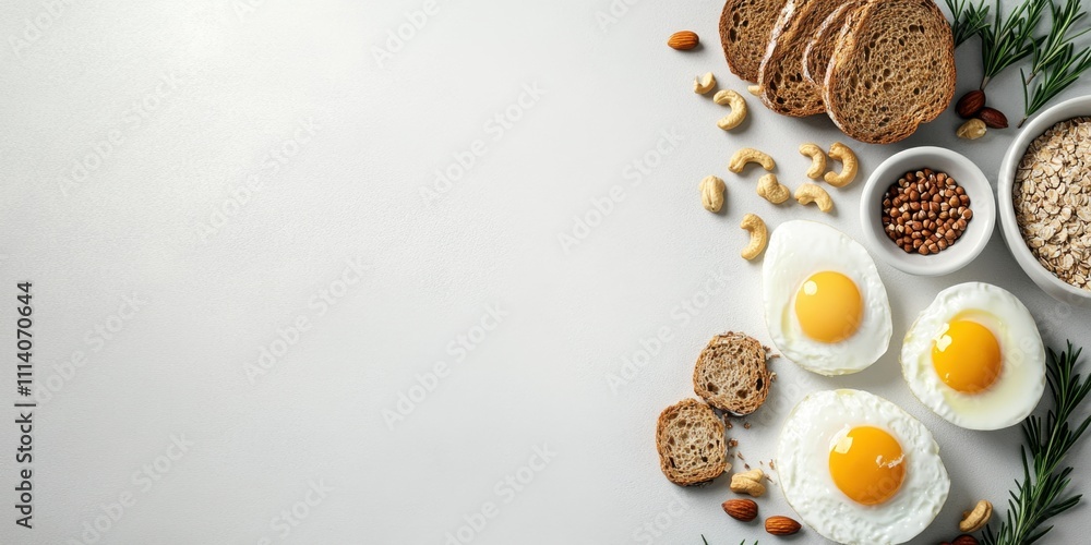A Delicious and Nutritious Breakfast Spread: Fried Eggs, Toasted Bread, Nuts, and Oats A Delicious and Nutritious Breakfast Spread: Fried Eggs, Toasted Bread, Nuts, and Oats