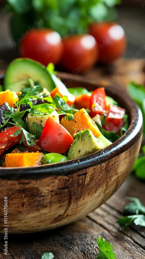 Fresh garden salad with vibrant vegetables and herbs in a wooden bowl on a rustic table setting Fresh garden salad with vibrant vegetables and herbs in a wooden bowl on a rustic table setting