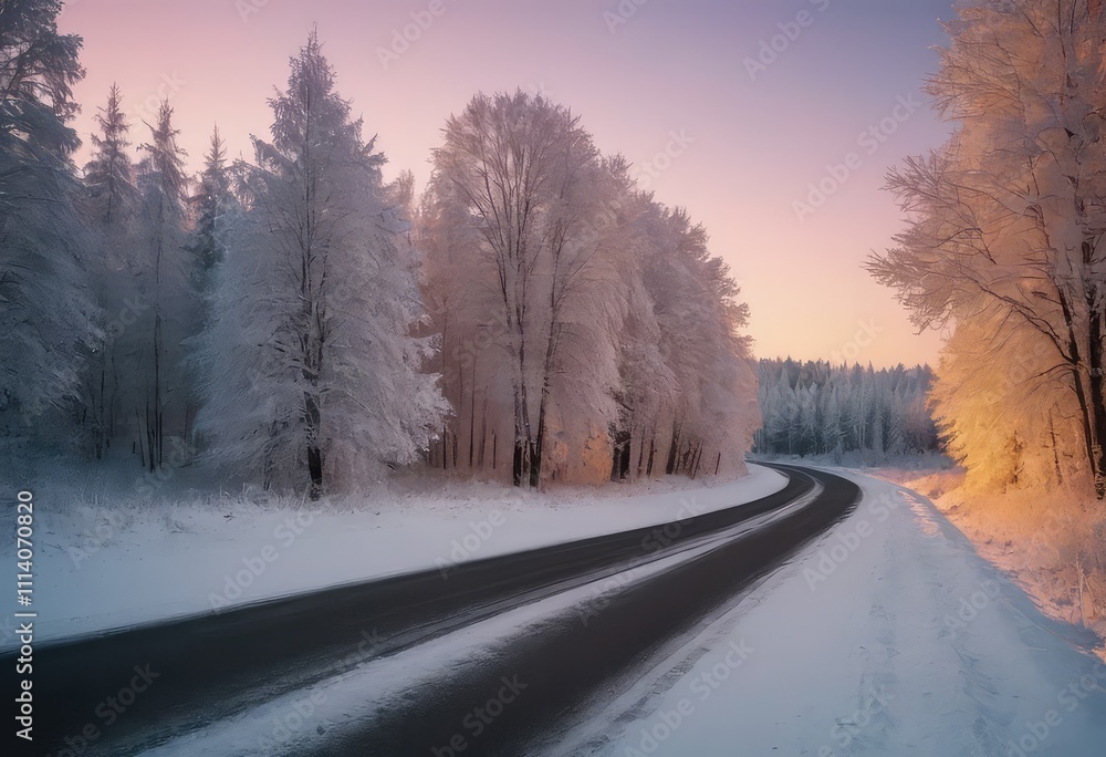 Obraz premium A picturesque snowy road with the sun shining brightly through the trees