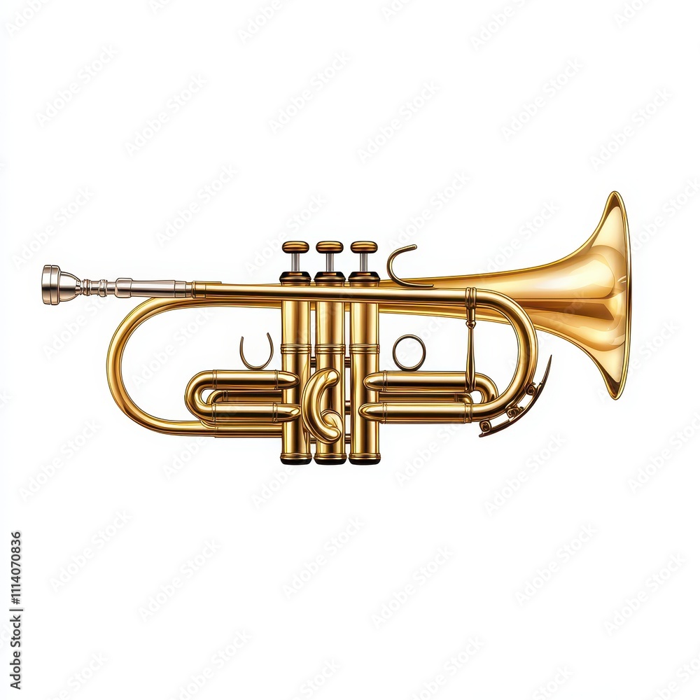 Fototapeta premium Detailed illustration of a brass cornet from a front view, isolated on a white background for graphic design purposes.