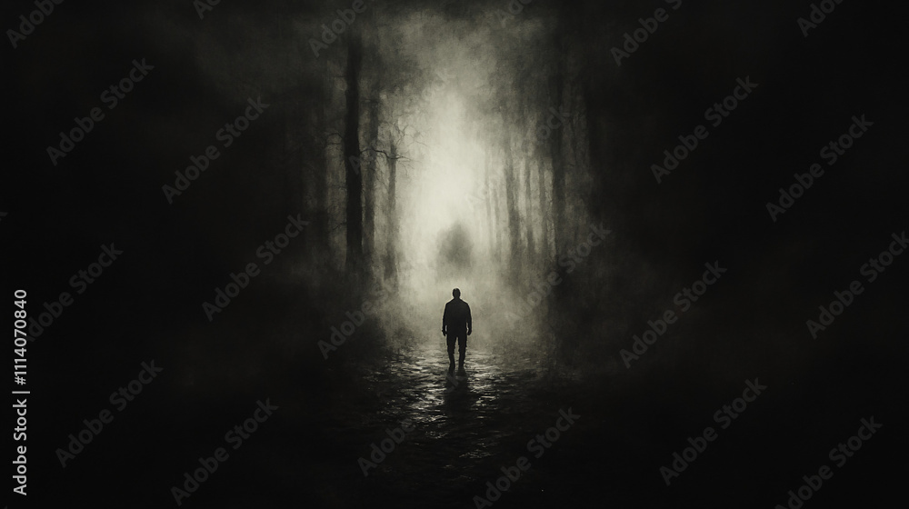 A solitary figure stands in a misty forest, surrounded by dark trees, leading into an eerie, illuminated path. A solitary figure stands in a misty forest, surrounded by dark trees, leading into an eerie, illuminated path.
