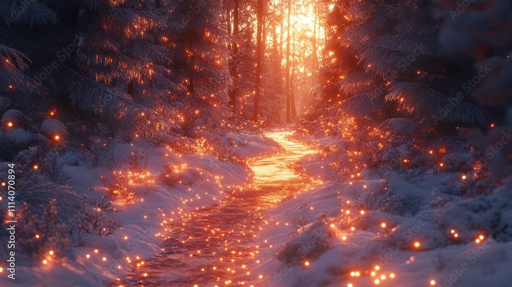 Magical Snowy Forest Path with Glowing Lights at Sunset Magical Snowy Forest Path with Glowing Lights at Sunset
