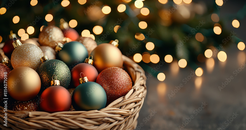 Fototapeta premium Colorful Christmas ornaments in woven basket create festive atmosphere, surrounded by soft fairy lights that enhance holiday spirit