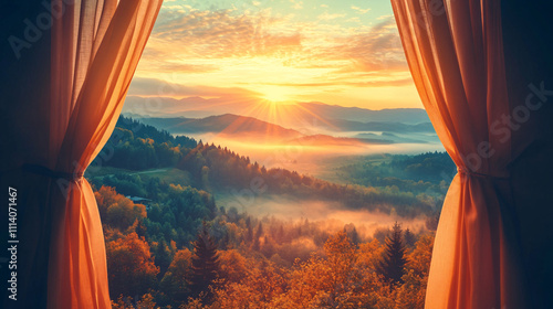 A serene sunrise view from a window  framed by curtains  showcasing vibrant colors over misty hills and lush forests.