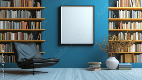 "A 3D rendering of a modern living room featuring a black armchair, an open shelf with decor and books, and a coffee table. The wall is gray, with an empty white frame for art, perfect for a canvas mo