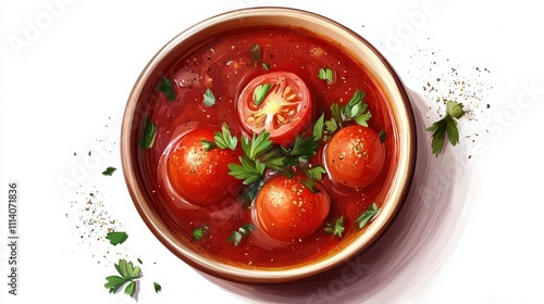 Top view of a delicious tomato soup bowl garnished with herbs and spices, showcasing a rich and vibrant color.