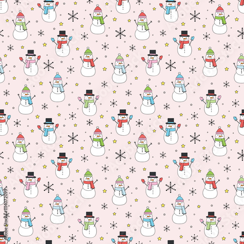 Christmas seamless texture with cute cartoon snowman. Vector illustration